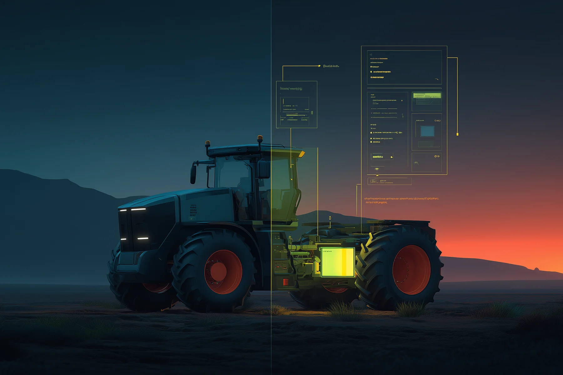 A tractor at dusk overlaid with a digital interface mapping its parts