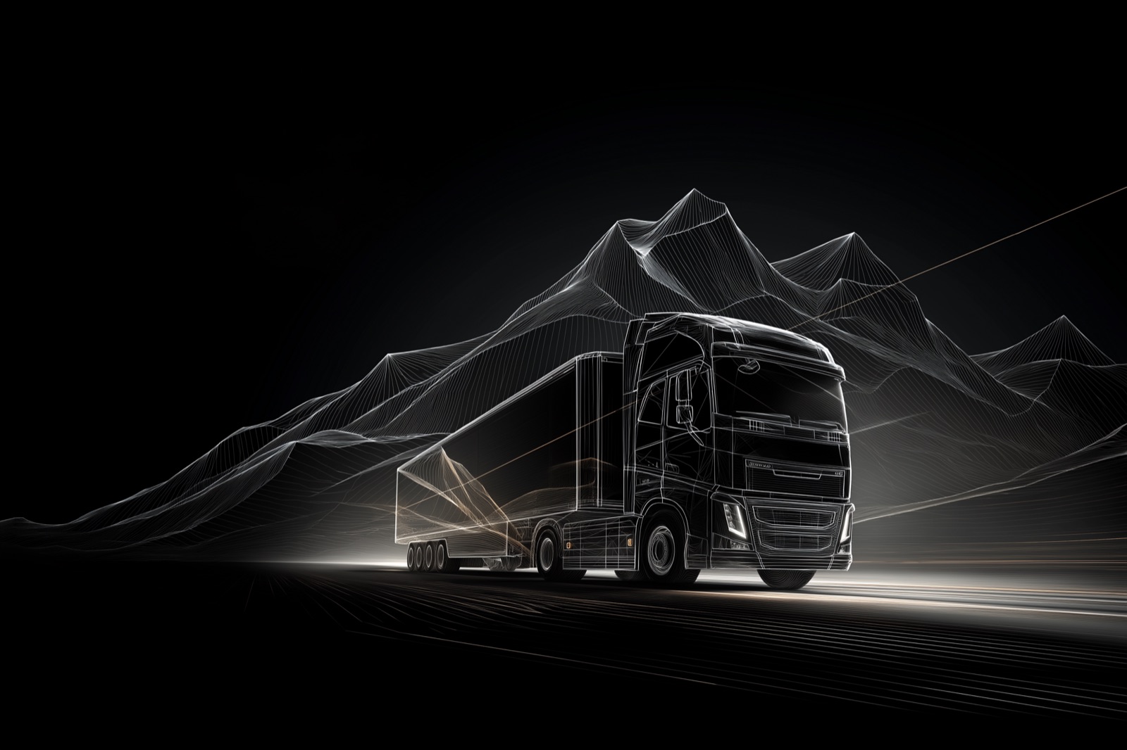 Wireframe drawing of a truck and trailer